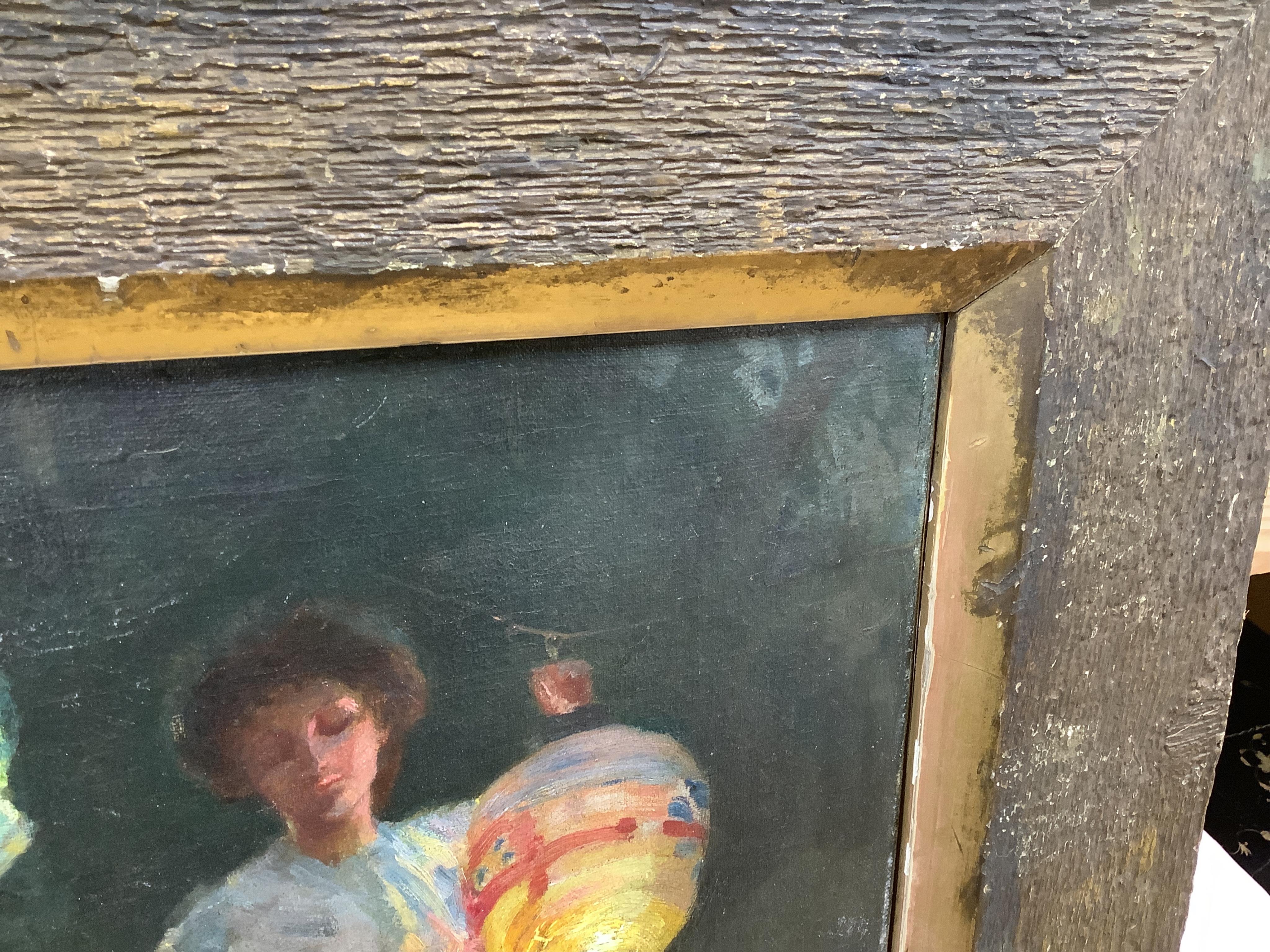 Manner of Thomas Cooper Gotch (1854-1931), Woman holding lanterns, oil on canvas, 44cm x 29cm
